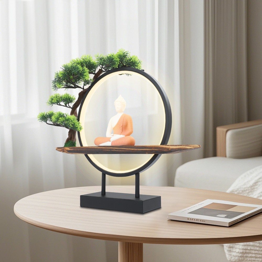 Buddha Statue Circle Lamp Tabletop LED Lighting Light with Green Artificial Tree