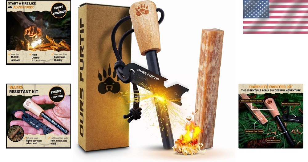 Eco-Friendly Fire Starter Kit with Multi-Tool Striker & Natural Tinder