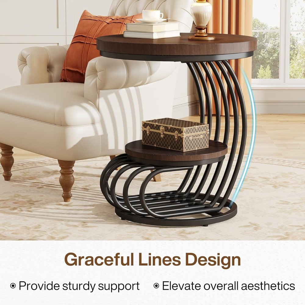 Round End Side Table: Side Table with 2 Tiers Storage Shelves