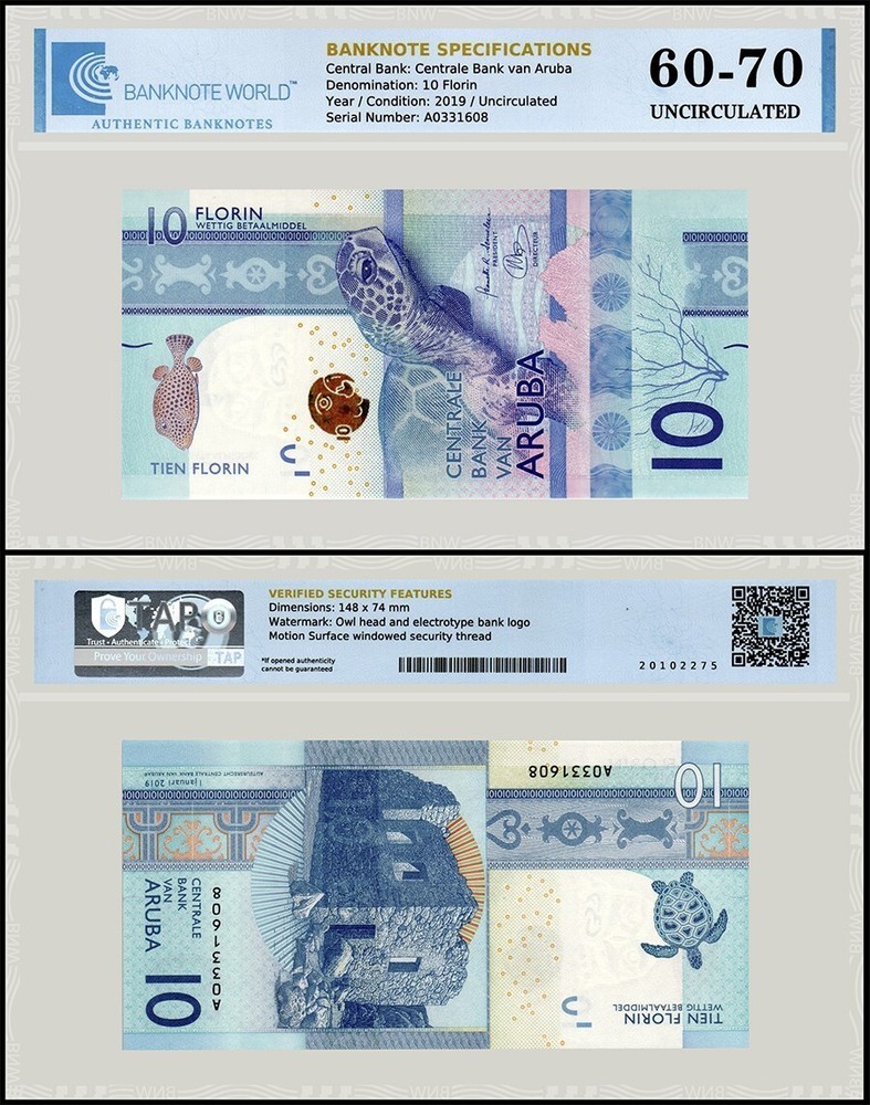 Aruba 10 Florin, 2019, P-21, UNC, Authenticated