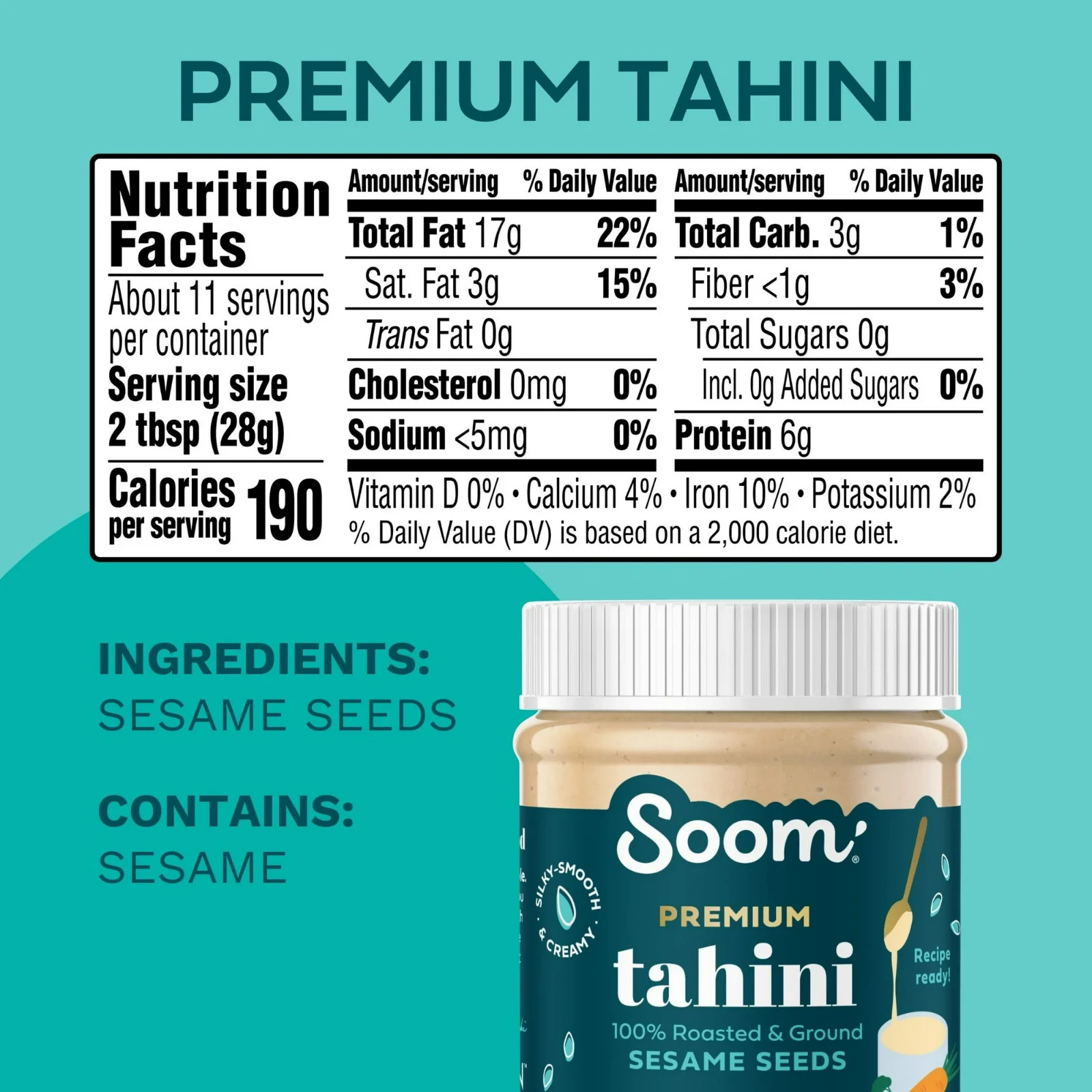 Soom Foods Single-Source Pure Ground Sesame Tahini Paste 11oz (2 Pack) | Silky