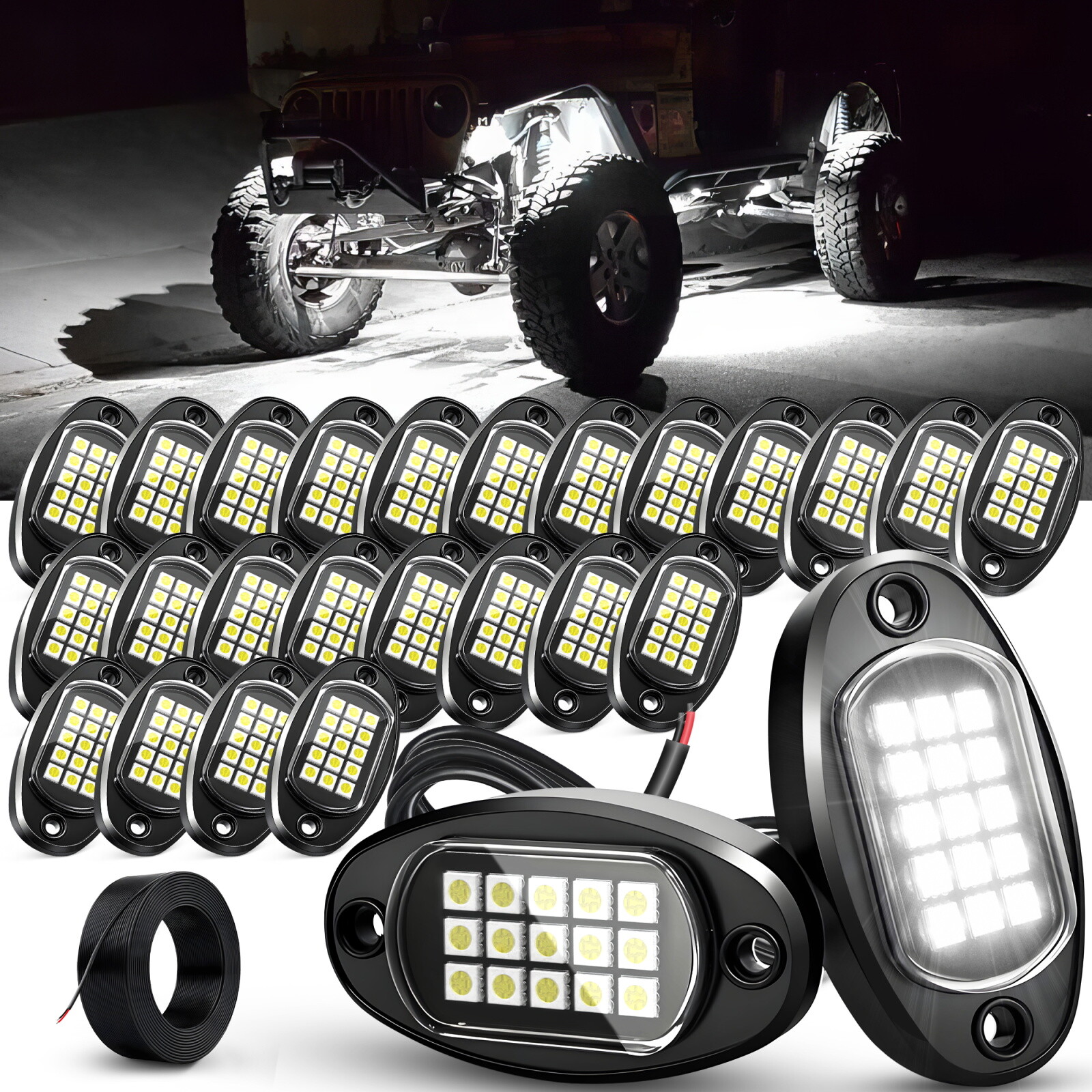 24 Pods Pure White LED Rock Lights Offroad Under Car Truck Underbody Lights Kits