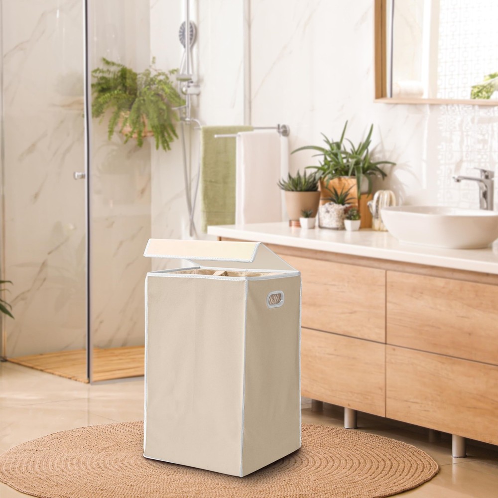 Foldable Laundry Hamper Basket with Lid, Beige