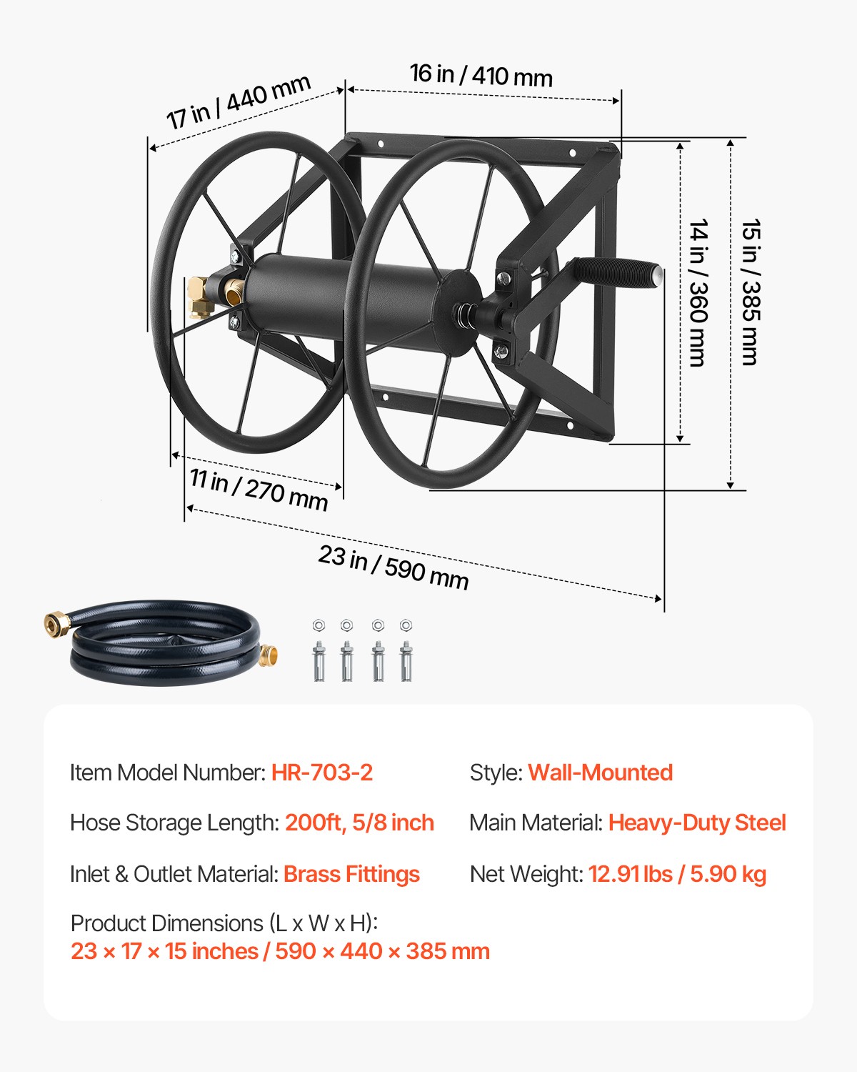 Wall Mounted Garden Hose Reel 200ft 5/8 in Manual Hose Winder Brass Fitting
