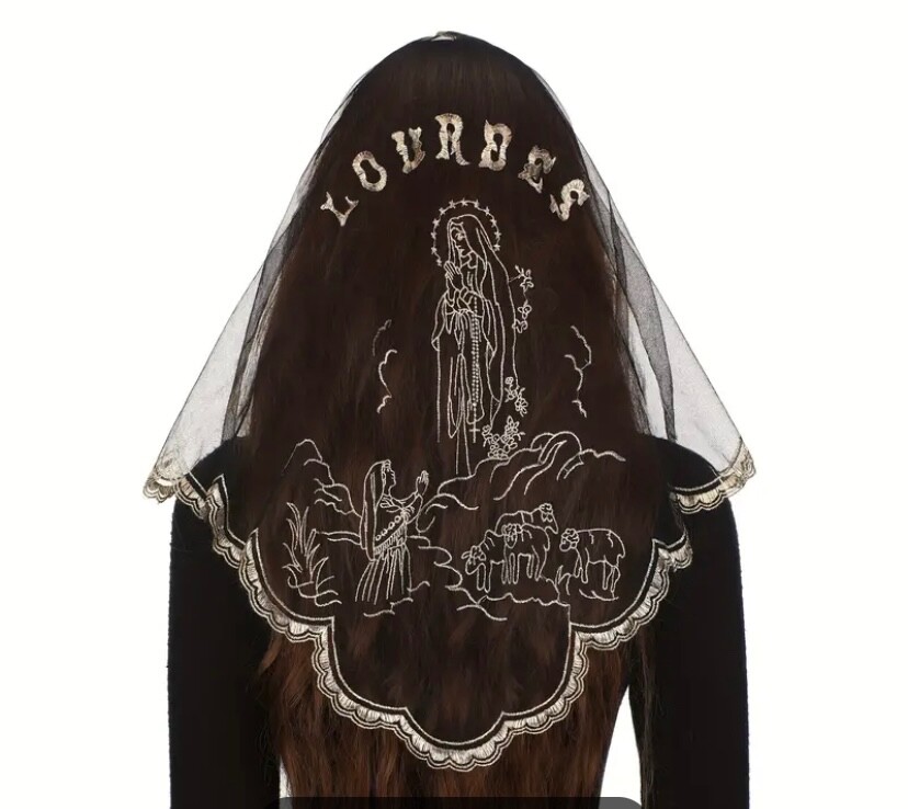 Head Veil Mantilla Catholic Church Veil Head Cover Our Lady Lourdes Embroidered