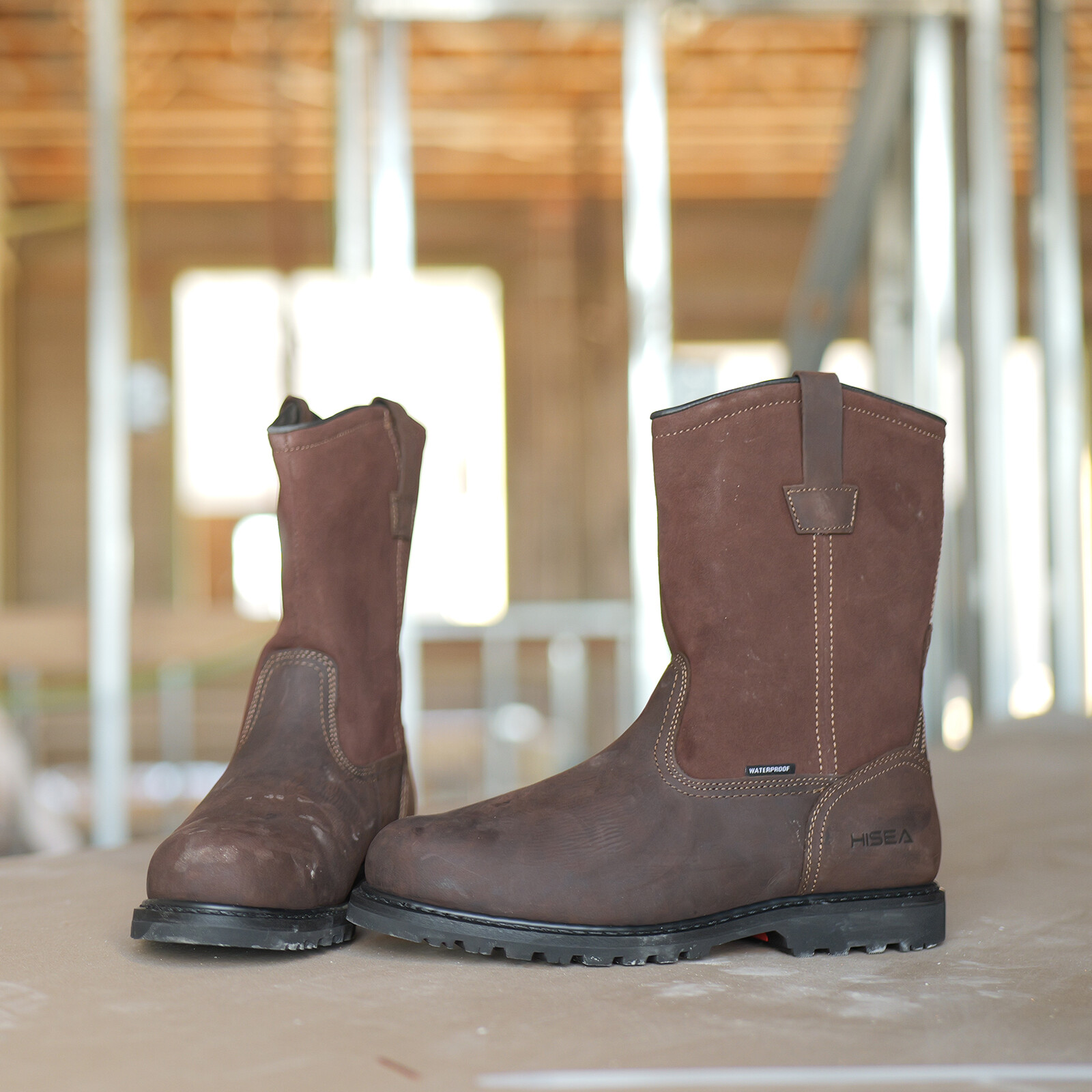 HISEA Men Steel Toe Safety Work Boots Pull On Waterproof Leather Wellington Boot