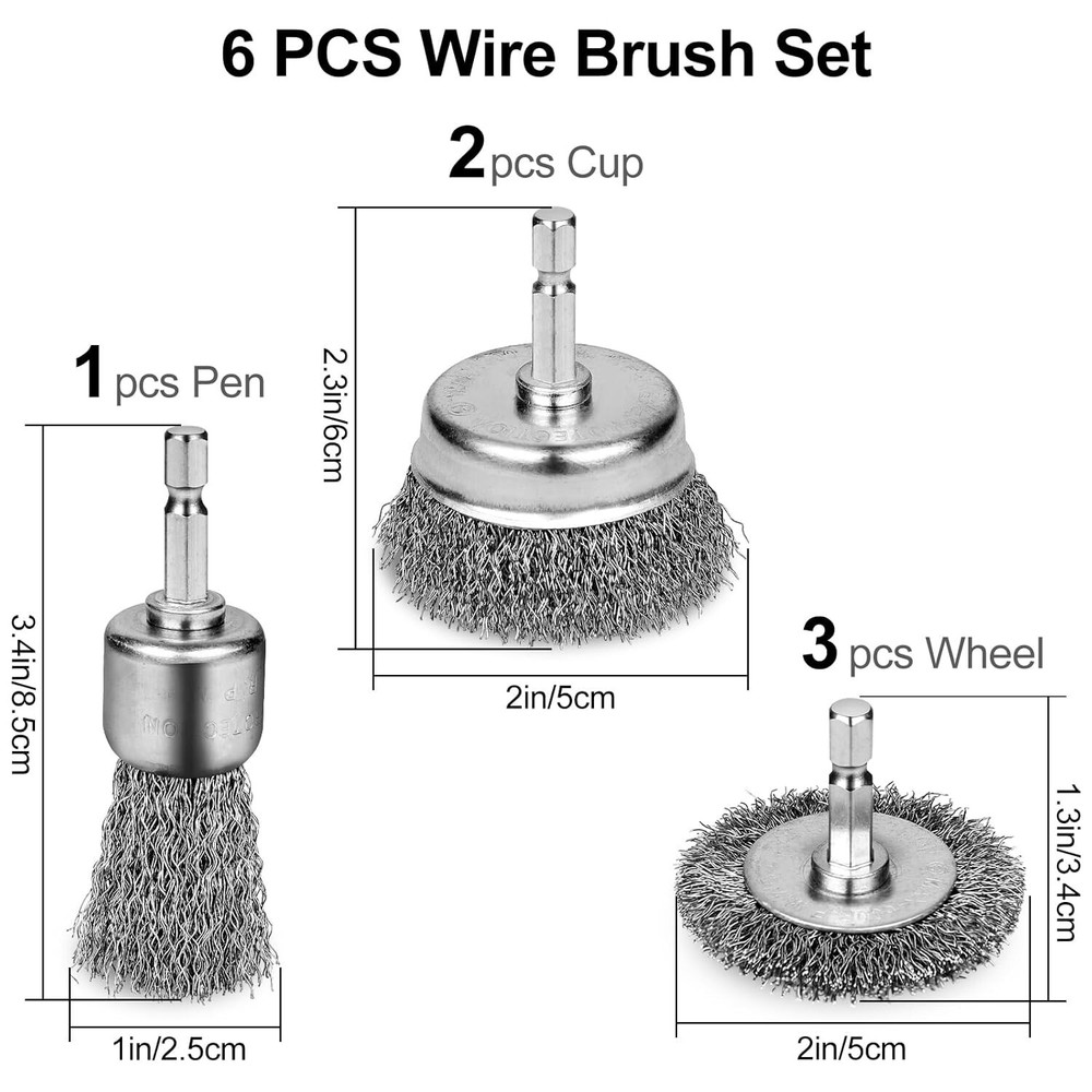 6 Pack Wire Brush Drill Attachment Set Carbon Steel Rust Paint Remover Tool Kit