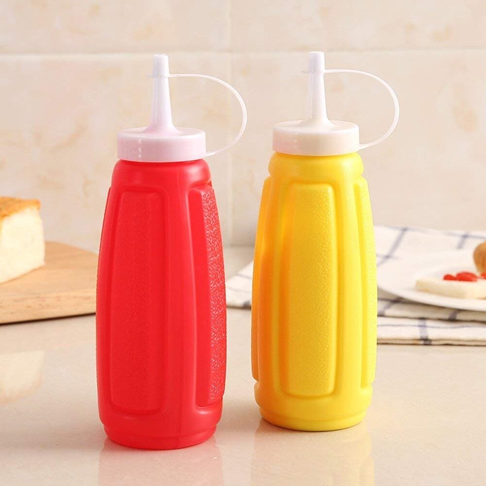2 Piece Plastic Squeeze Mustard Ketchup Salad Dressing Condiment Set with Cap