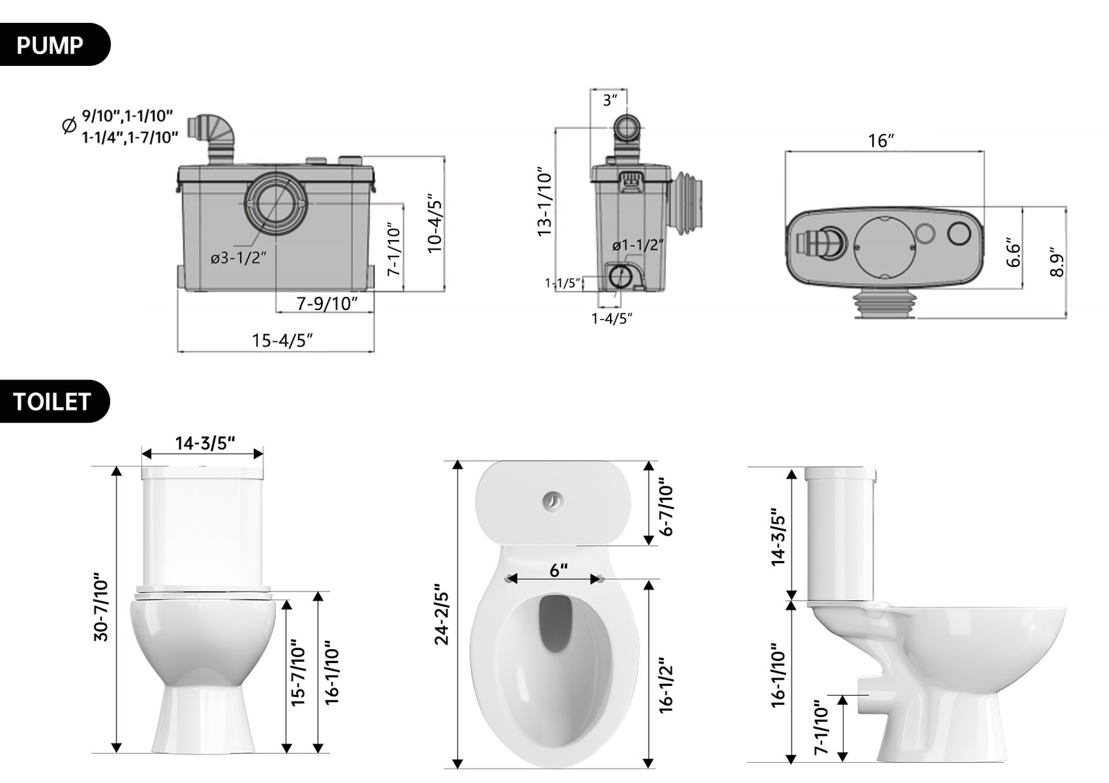 500W Upflush Macerating Toilet System with Pump & 4 Inlets for Basement White
