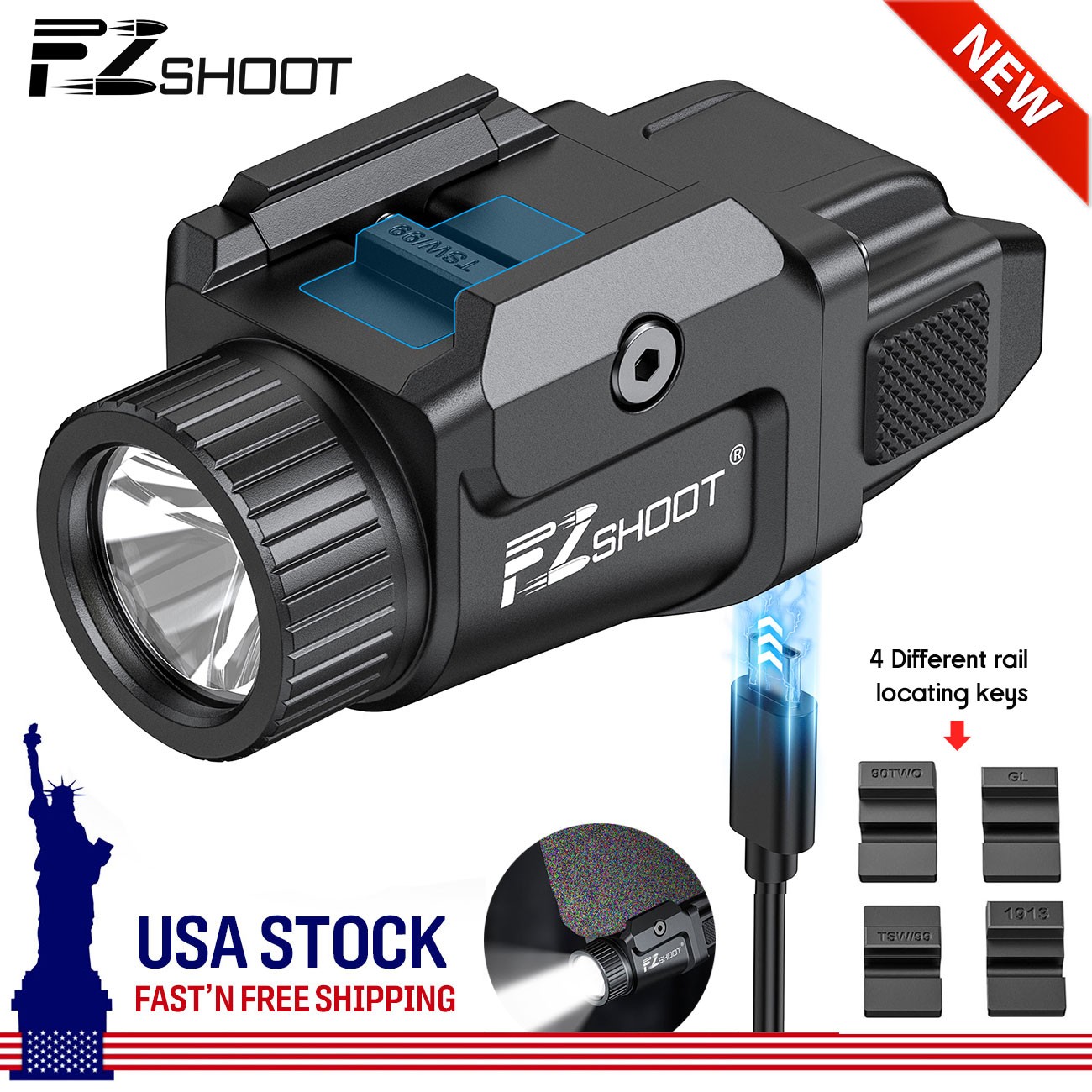 500 Lumens Pistol Flashlight 4 Rails Mounted USB Rechargeable LED Light HOT SALE