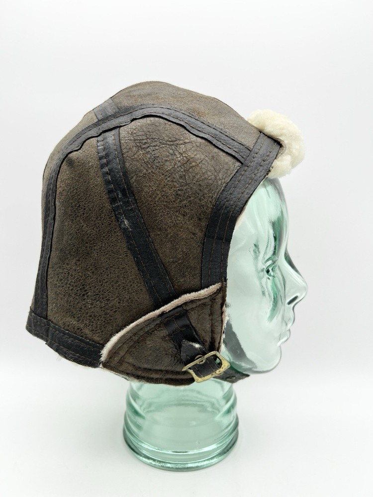 Vintage Shearling Leather Aviator Hat Flight Cap Brown Large Bomber
