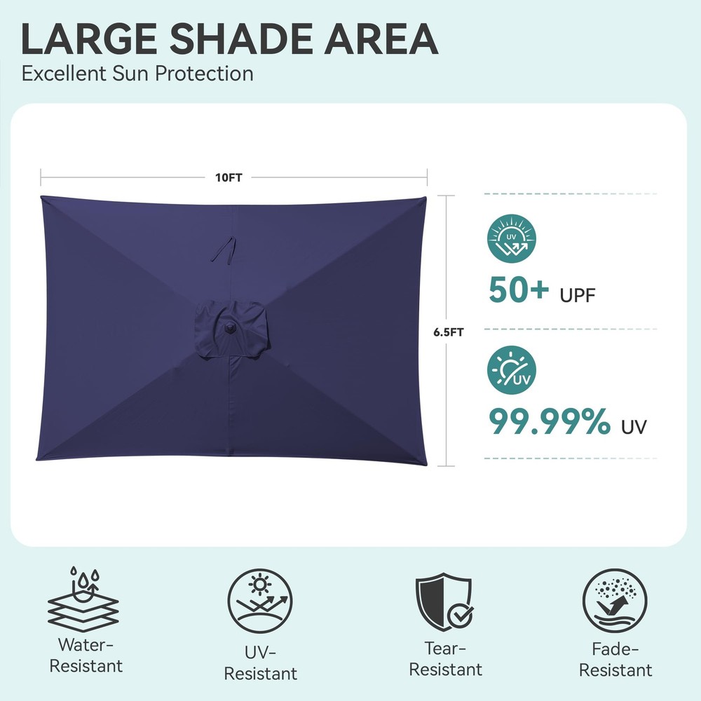 Rectangular Patio Umbrella, 6.5 x 10 ft Rectangle Table Navy Blue, Blue