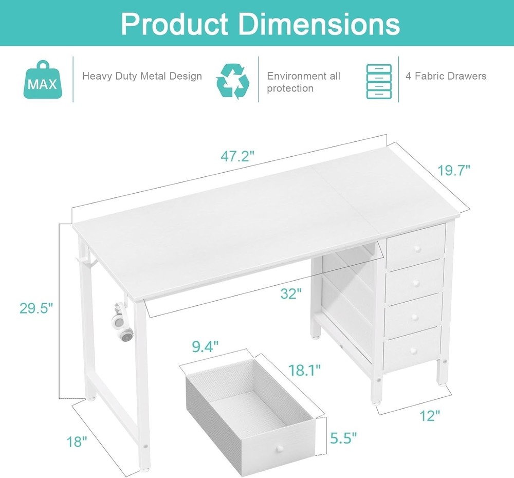 White Computer Desk with Fabric Drawers 47" Reversible Study Work Writing Desk