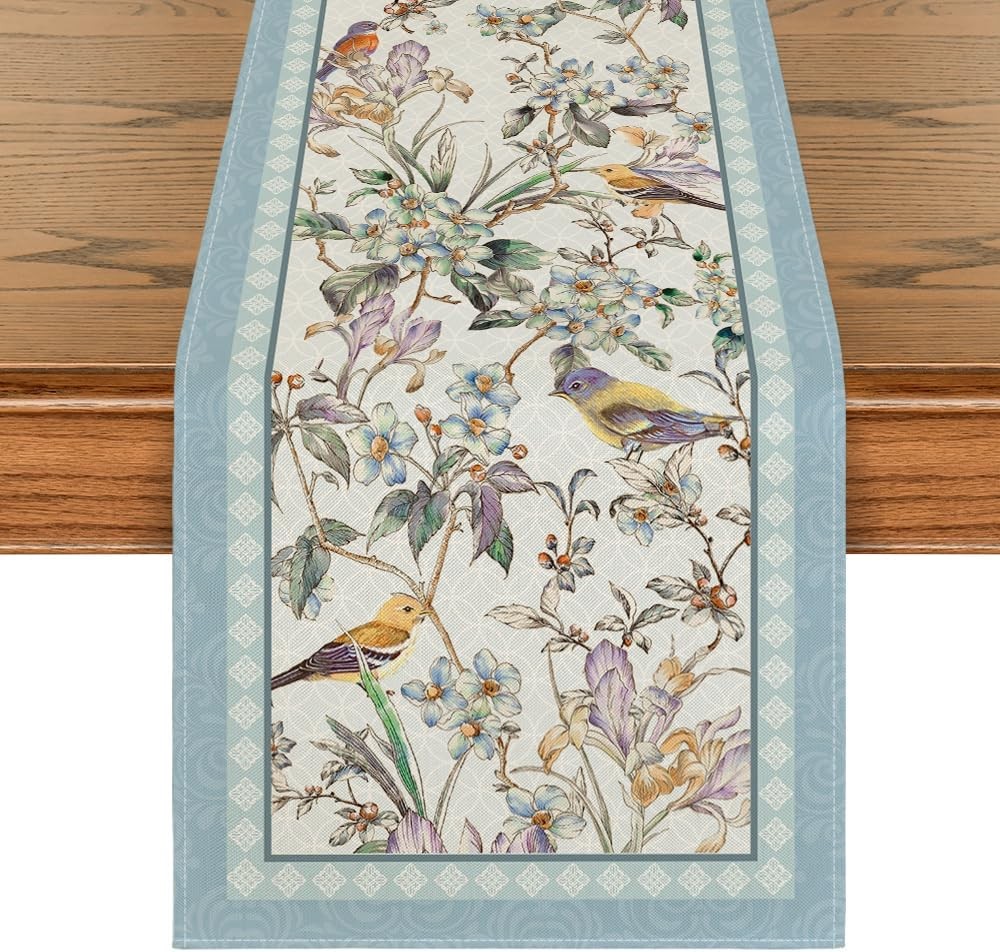 Spring Floral Table Runner Blue Birds Flower Blossom Seasonal Dining Decor 13x72