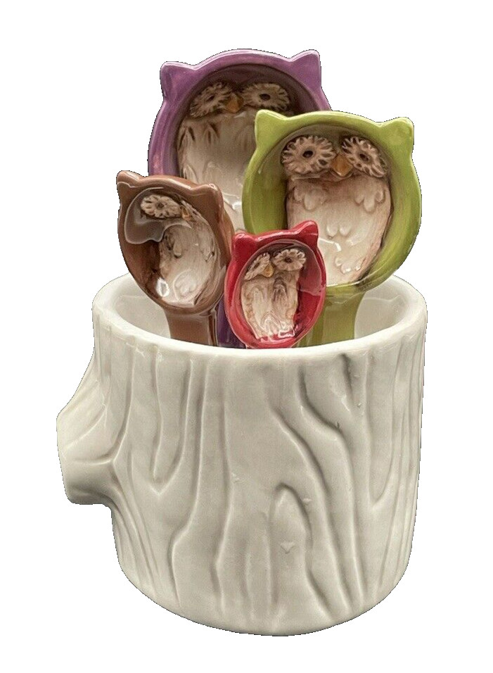 Multicolor Ceramic Owl Measuring Spoons in White Ceramic Tree Stump