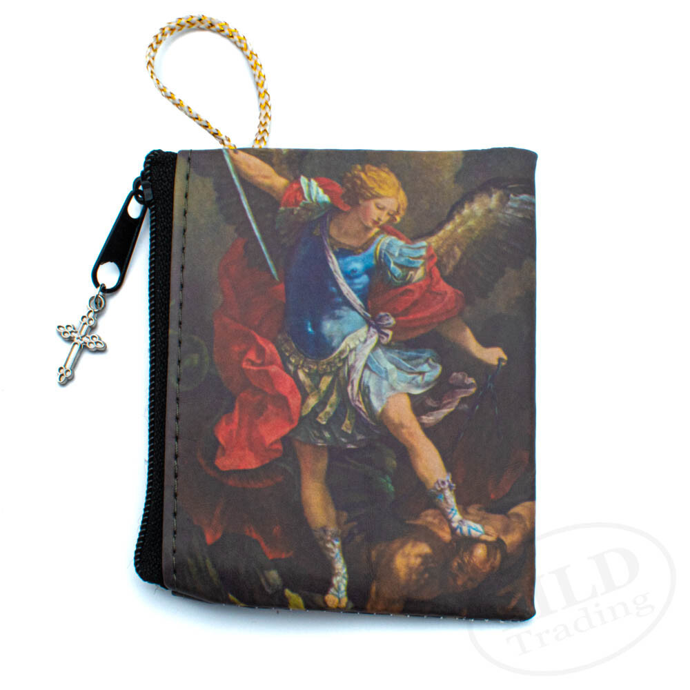 Archangel Saint Michael Rosary Pouch Case | Zippered Imit. Leather | Cross Charm