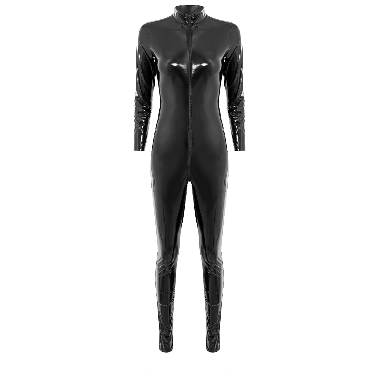 Womens Sexy Faux Leather Catsuit Latex Bodysuit Zipper Wet Look Leotard Jumpsuit