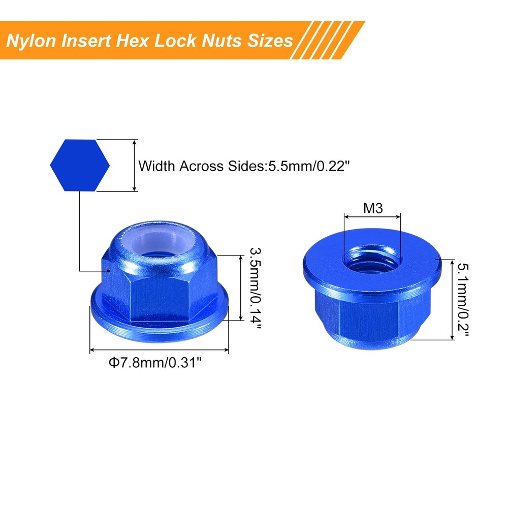 Nylon Insert Hex Lock Nuts, 8pcs - M3x0.5mm Self-Locking Nut(Sapphire Blue)