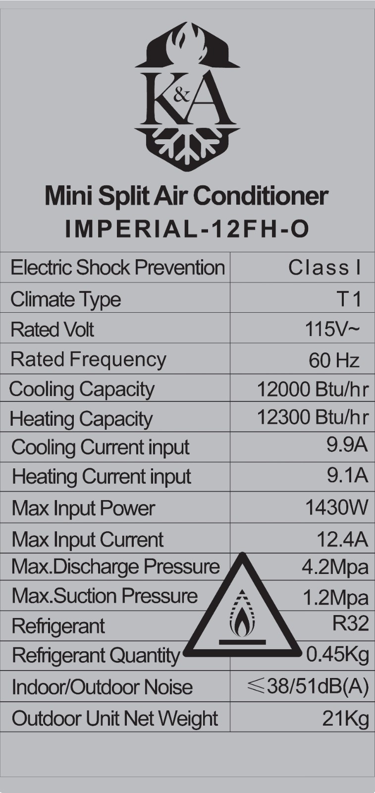 12,000 BTU DUCTLESS MINI SPLIT, 115V, WIFI, 1 TON, HEAT PUMP, K&A IMPERIAL