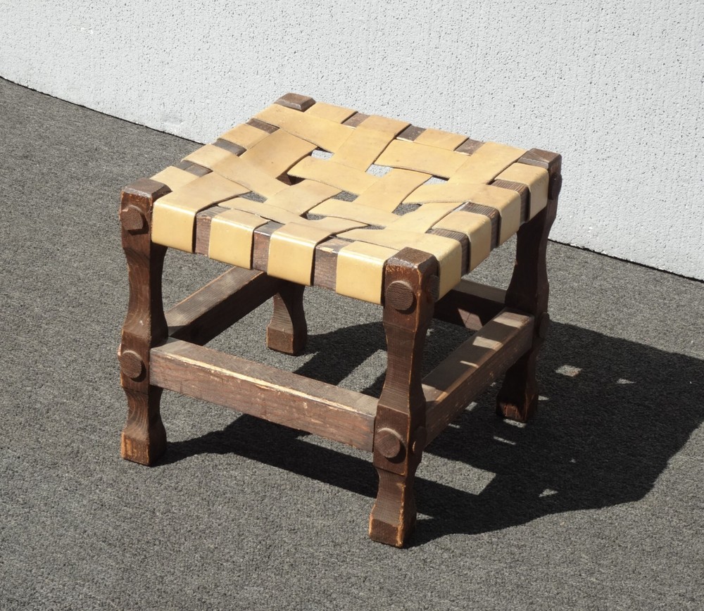 Vintage Rustic Spanish Style Stool Bench with Leather Straps