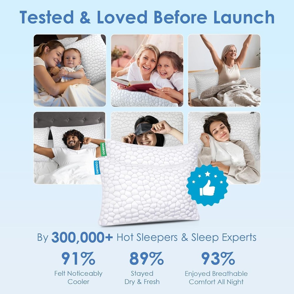 Queen Size Cooling Bed Pillows - Shredded Foam, Adjustable & Machine Washable