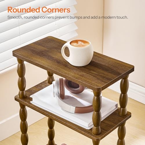 Narrow End Table, 3-Tier Small Side Table with Solid Wood Legs, Skinny Walnut