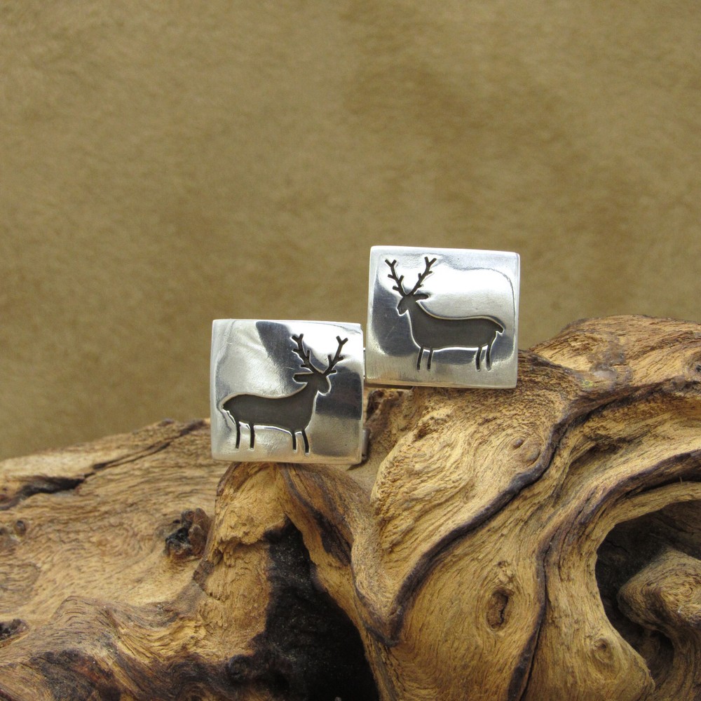 Sterling Silver Deer with Antlers Rectangular Cuff Links