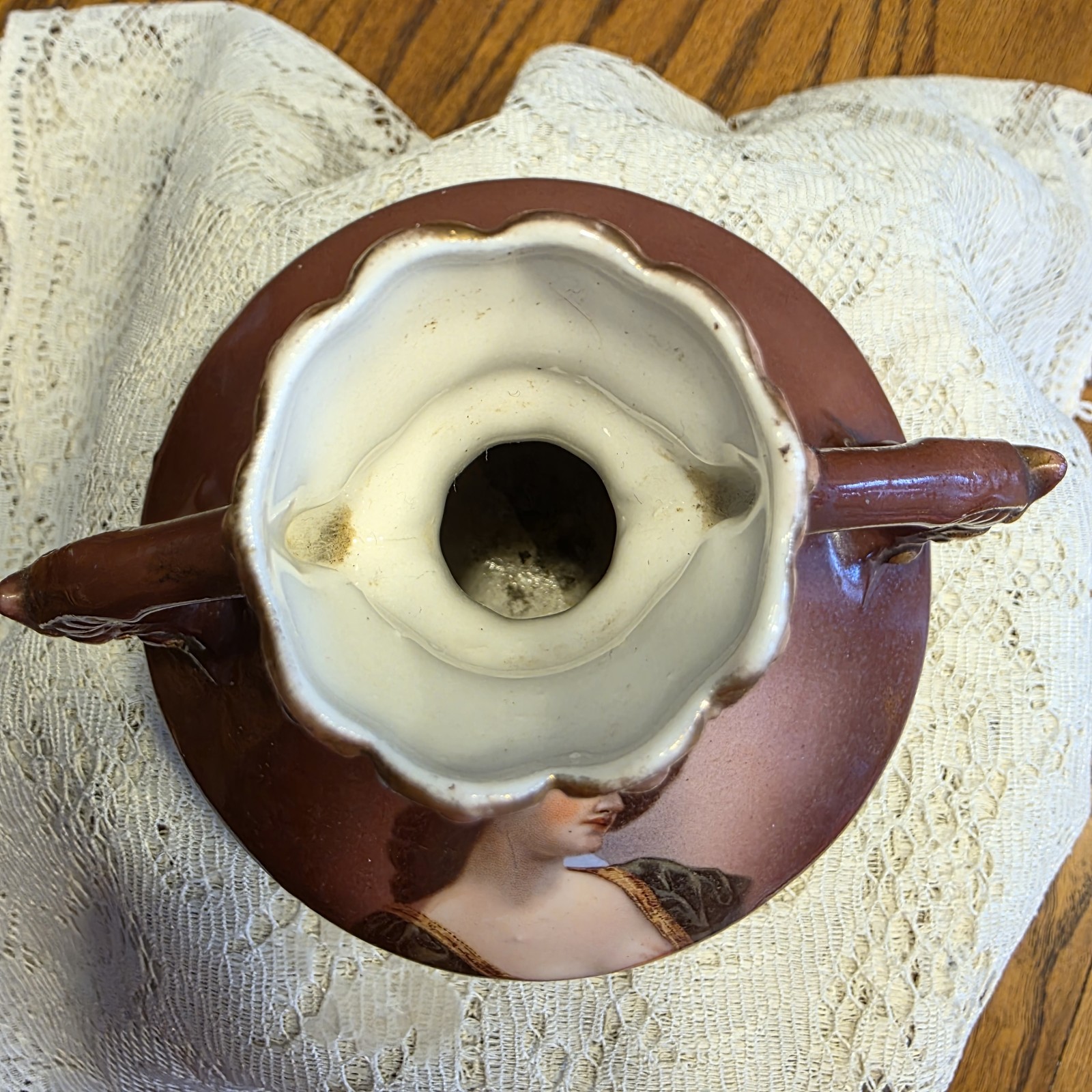 Antique Victorian Porcelain Squat Bud Vase 2 Handled Austria Portrait Vintage