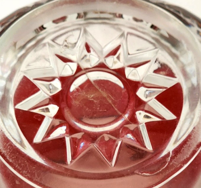 Vintage Ruby Flashed Glass Vase Clear Pressed Base Starburst 6”