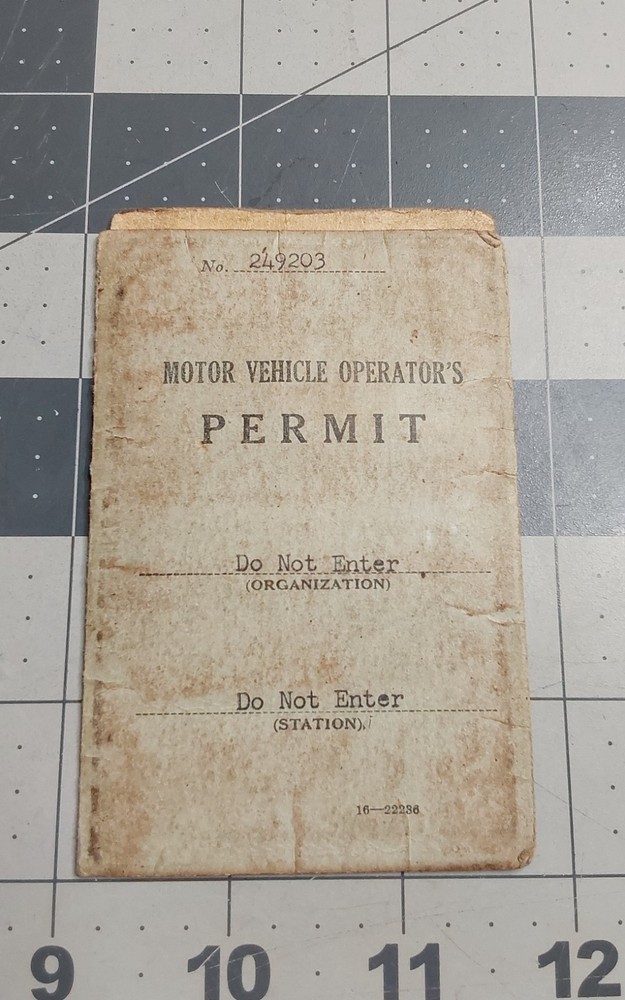 WWII US Army Motor Vehivle Operators Permit License
