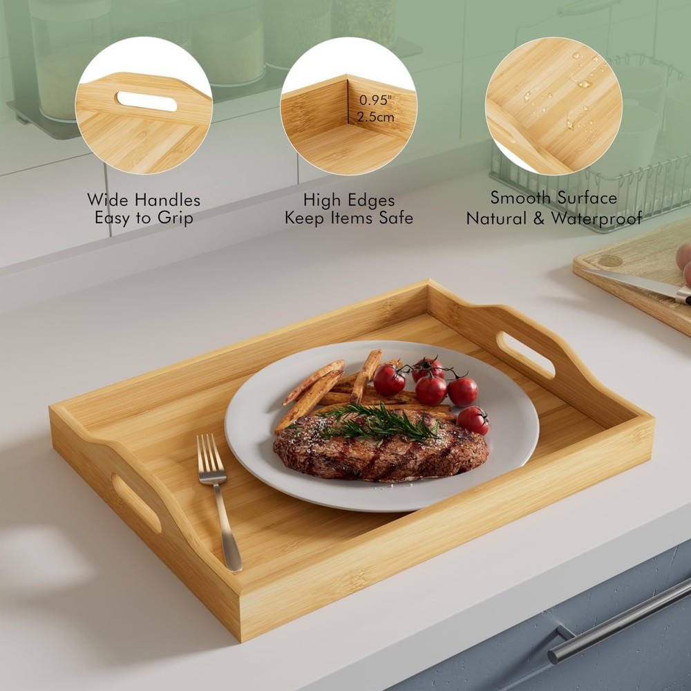 3 Pack Serving Tray with Handles, 3 Sizes Nestable Rectangular Tray Easy Carr...