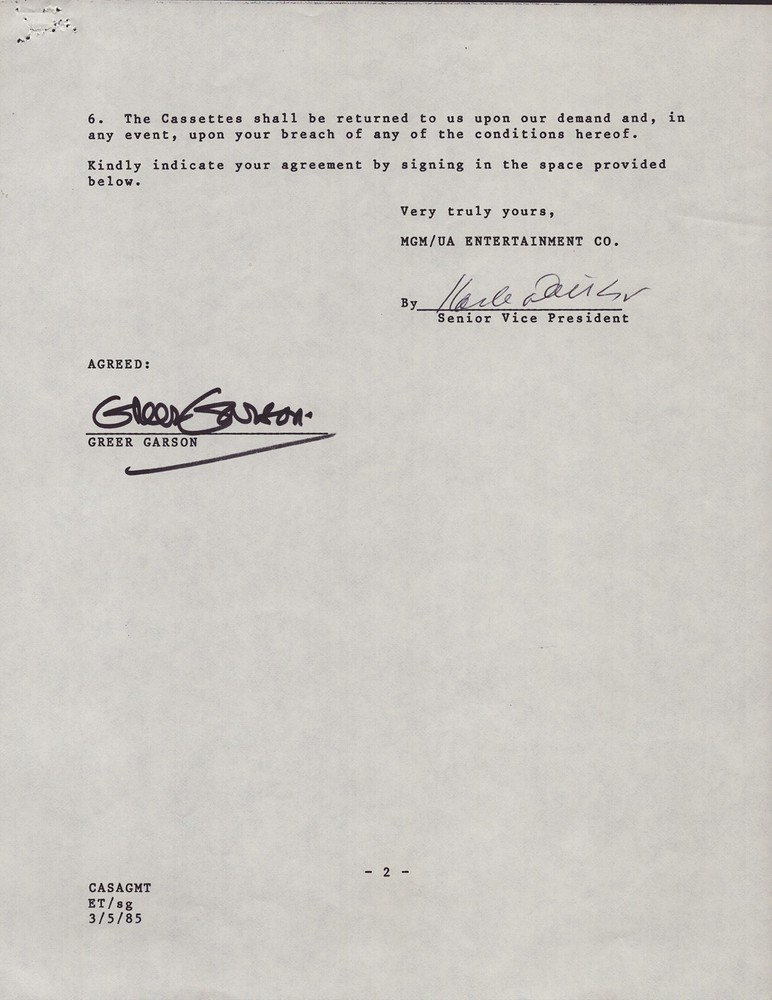 GREER GARSON - DOCUMENT SIGNED 03/05/1985