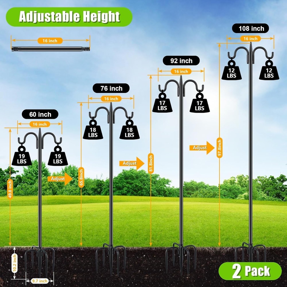 2-Pack Adjustable Double Shepherd's Hooks - 92 Inch Wrought Iron Garden Hooks