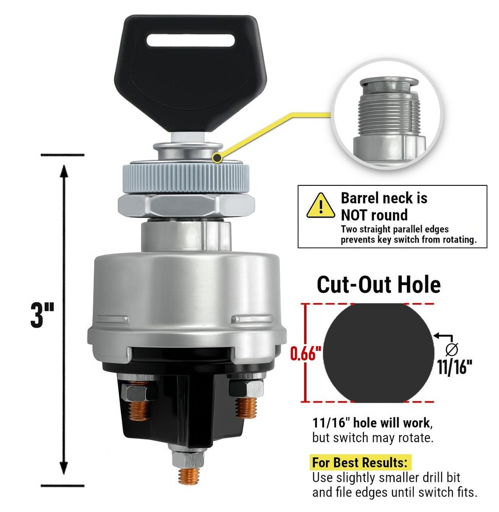 MGI SpeedWare 4-Position Universal Ignition Key Switch for 12V Car, Silver