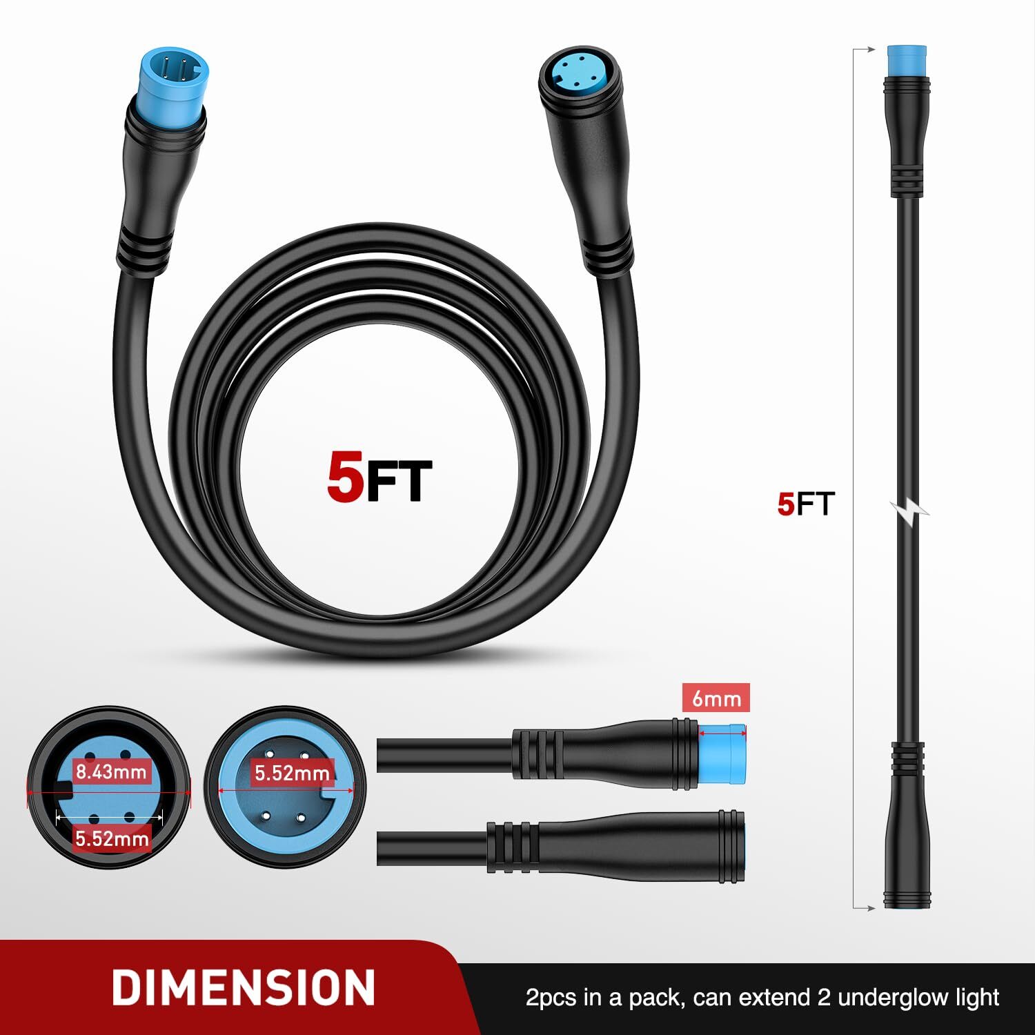 Nilight 2 Pack 5FT 4 Pin Extension Cable Cord for 4Pcs Car Underglow Lights