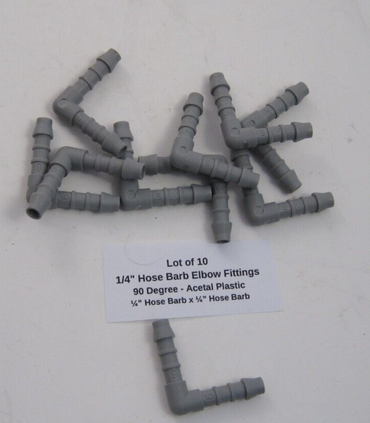 Lot of 10 1/4" Hose Barb Elbow Fittings - 90 Degree - Acetal Plastic - 1/4" Barb