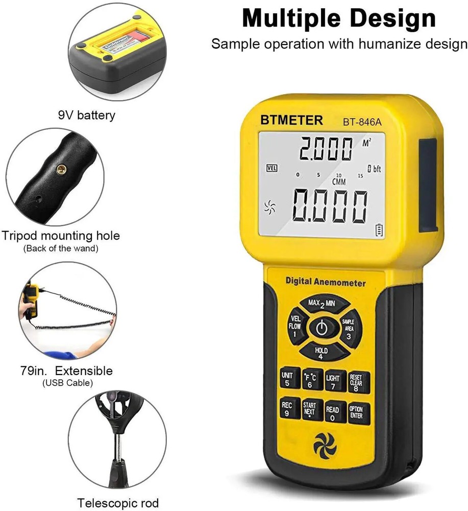 HVAC Anemometer Measures Wind Speed Wind Flow Temp Tester with Backlight
