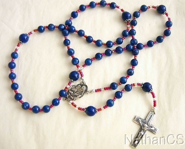 Catholic Rosary Rosenkranz Lapis Lazuli, Vintage Seed Beads & Sterling Silver