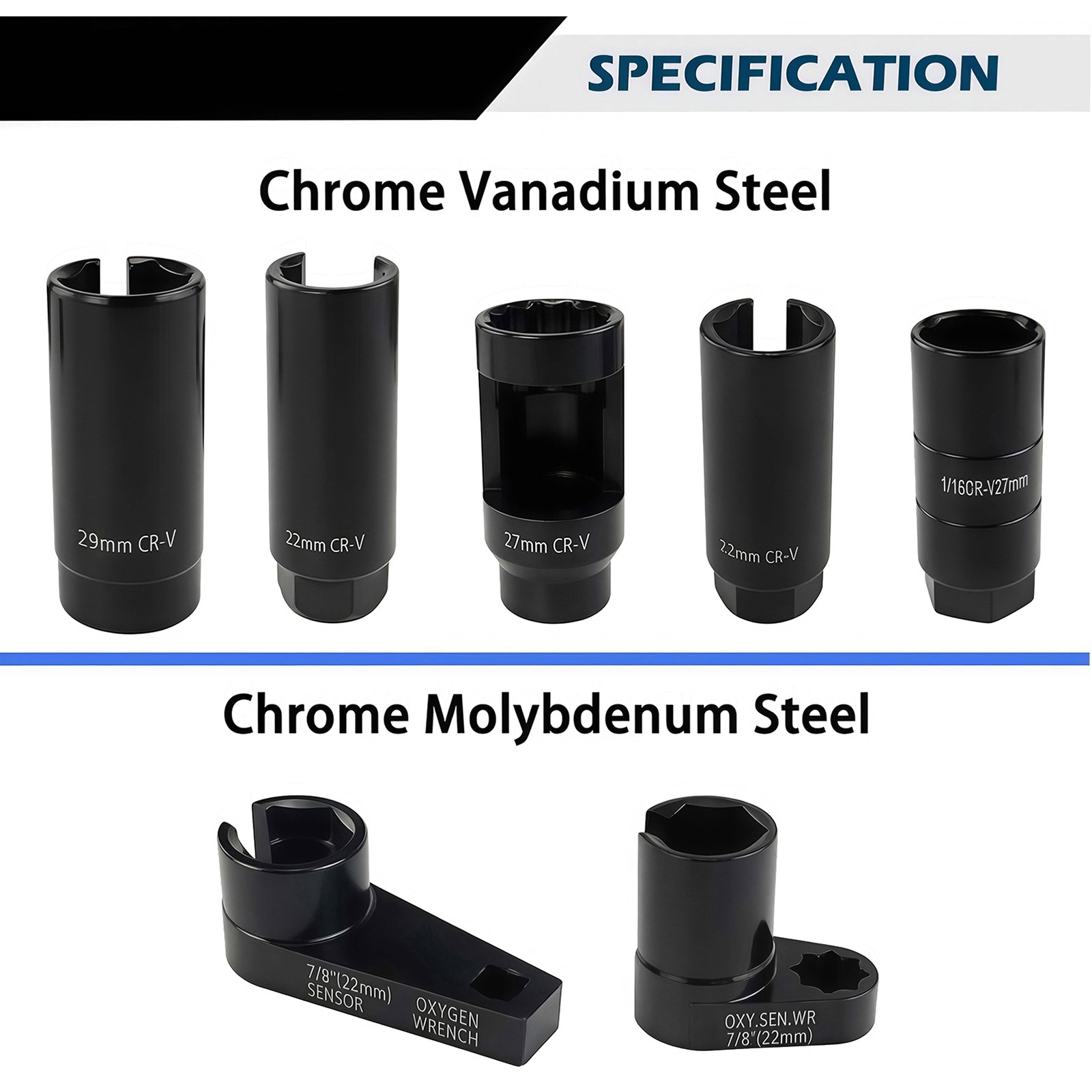 7pcs O2 Oxygen Sensor Socket Wrench Removal Tool 3/8" 1/2" Drive x 7/8" 22mm Set