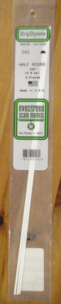 Evergreen Scale Models #243 .100 (2.5mm) Polystyrene Half-Round Rods (3pcs)