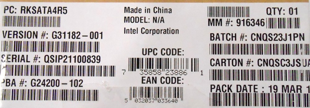 Intel RAID RKSATA4R5 C600 Upgrade Key New Bulk Packaging