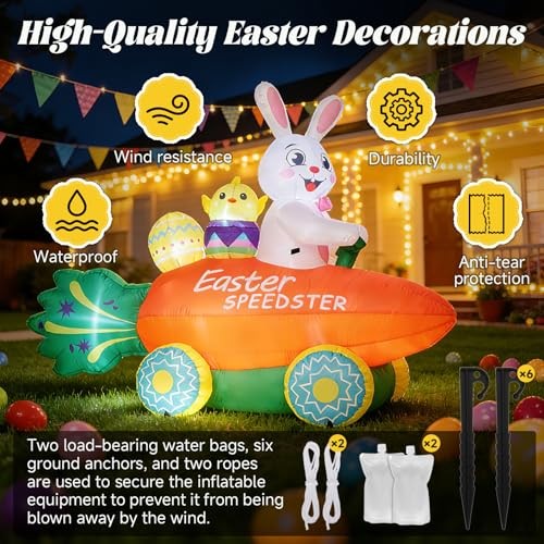 Inflatable Easter Bunny with Carrot Car and Easter Eggs, 6FT Easter