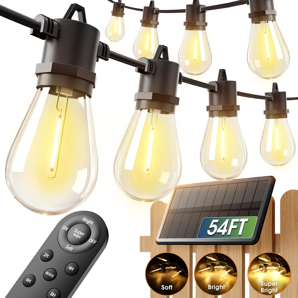 54FT Solar String Lights with USB & Remote - Waterproof Dimmable LED Bulbs