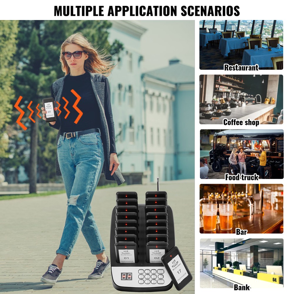 VEVOR Restaurant Wireless Guest Paging System 16 Beepers Queuing Calling Pagers