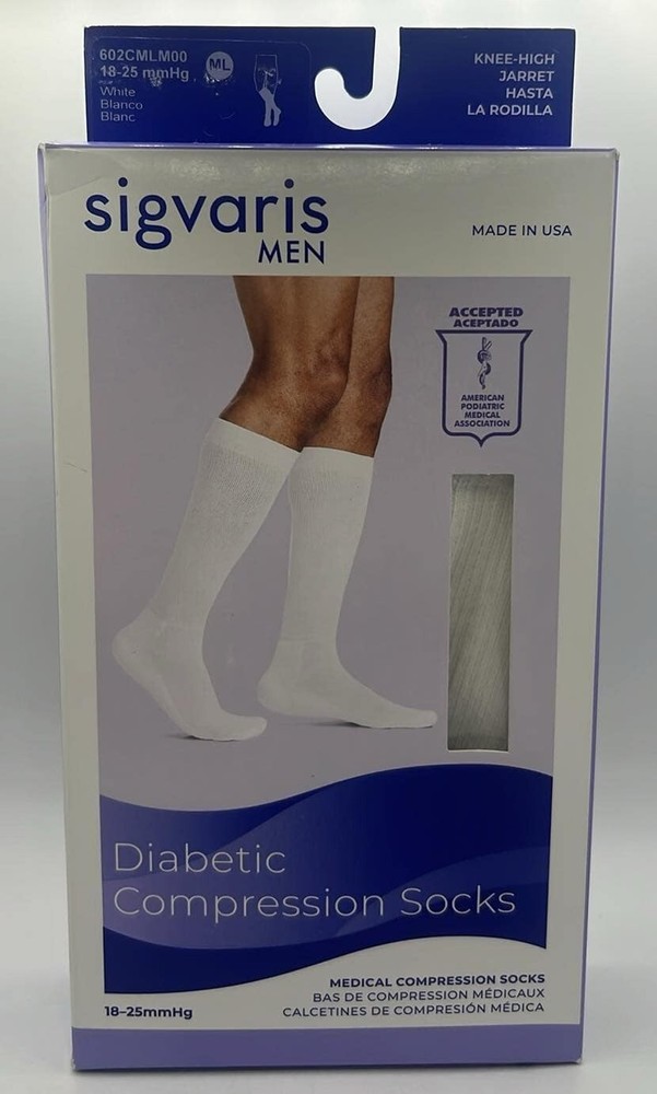 Sigvaris Men Diabetic Compression Socks ~ ML ~ WHITE ~ 1 PAIR TTL ~ READ