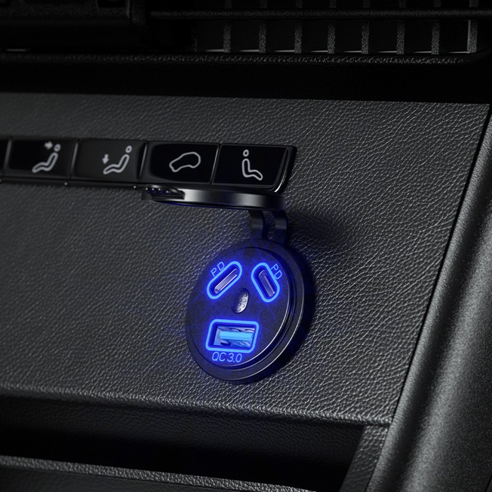 Black Dual PD+QC 3.0 USB Port Car Cigarette Lighter Socket Plug LED Indicator