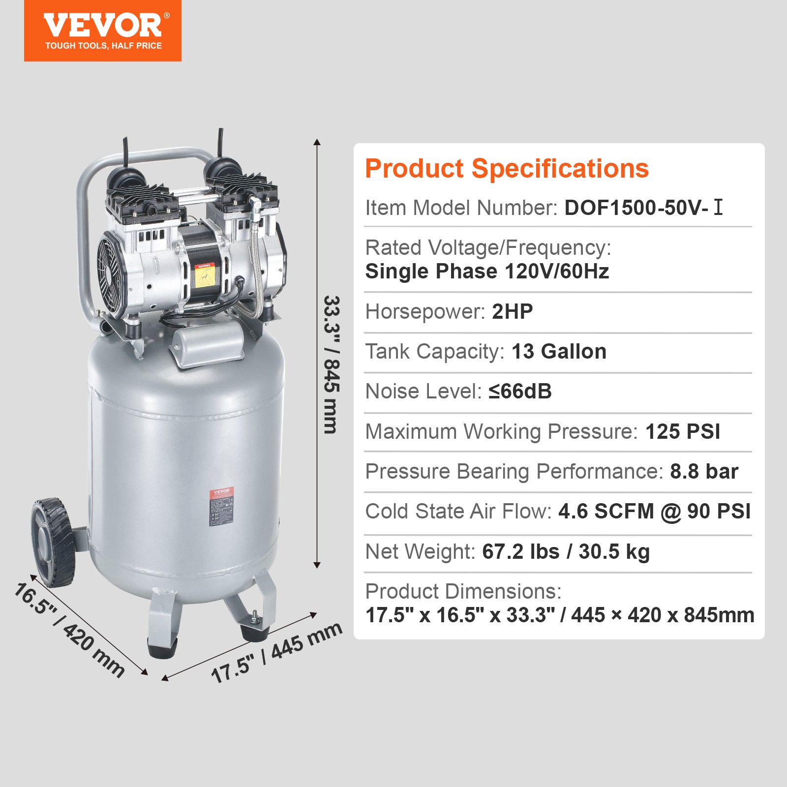 VEVOR 13 Gallon Air Compressor 2HP 4.6SCFM@90PSI Oil Free Air Compressor 125PSI
