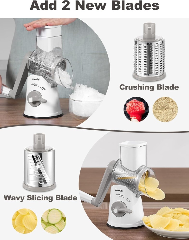 Rotating cheese grater with 5 interchangeable blades—