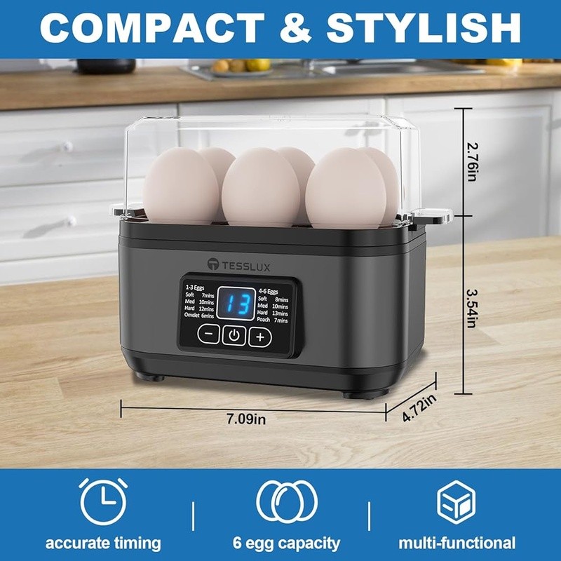 Multi Functional Egg Cooker 6 Capacity Touch Control Easy Clean Stainless Steel