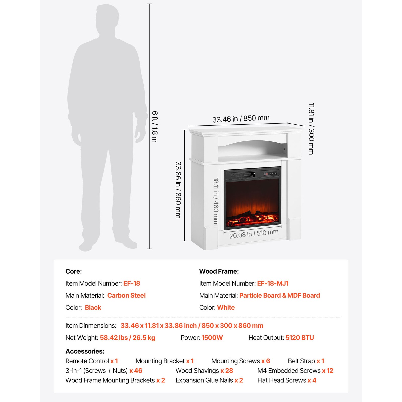 Uimoso 33-Inch Freestanding Electric Fireplace Heater with 1500W Mantel in White